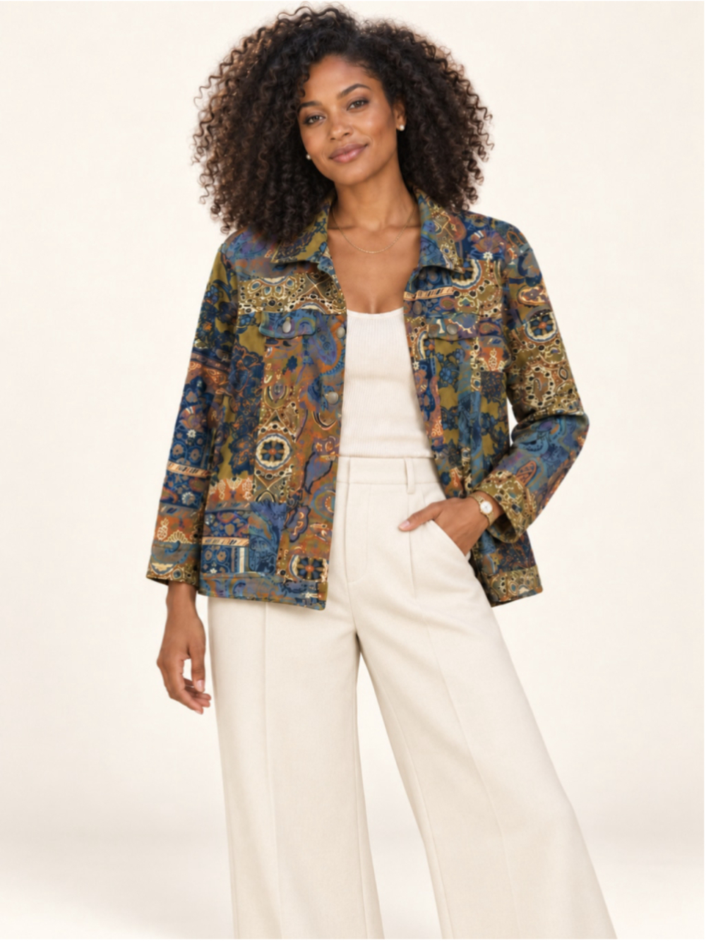 Title: Appleseed's Women's Paisley Patchwork Snap Front Boho Jacket Size L
Desc